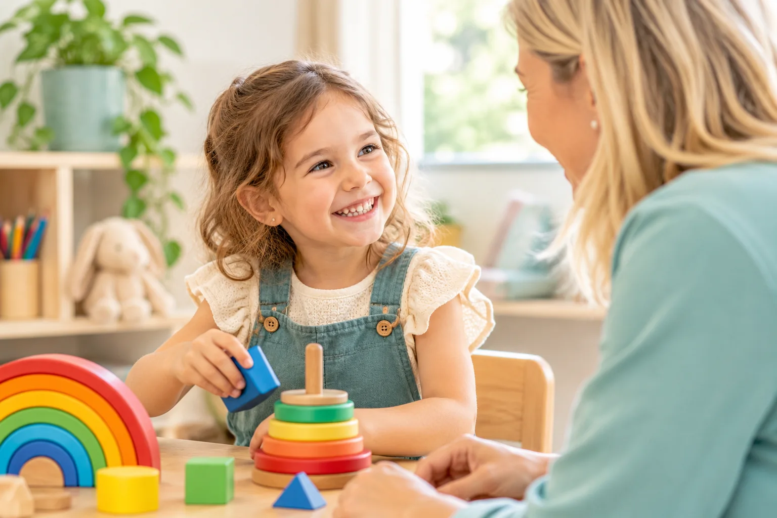 Illustrative AI-generated image of a child and a blonde adult using colourful toys together