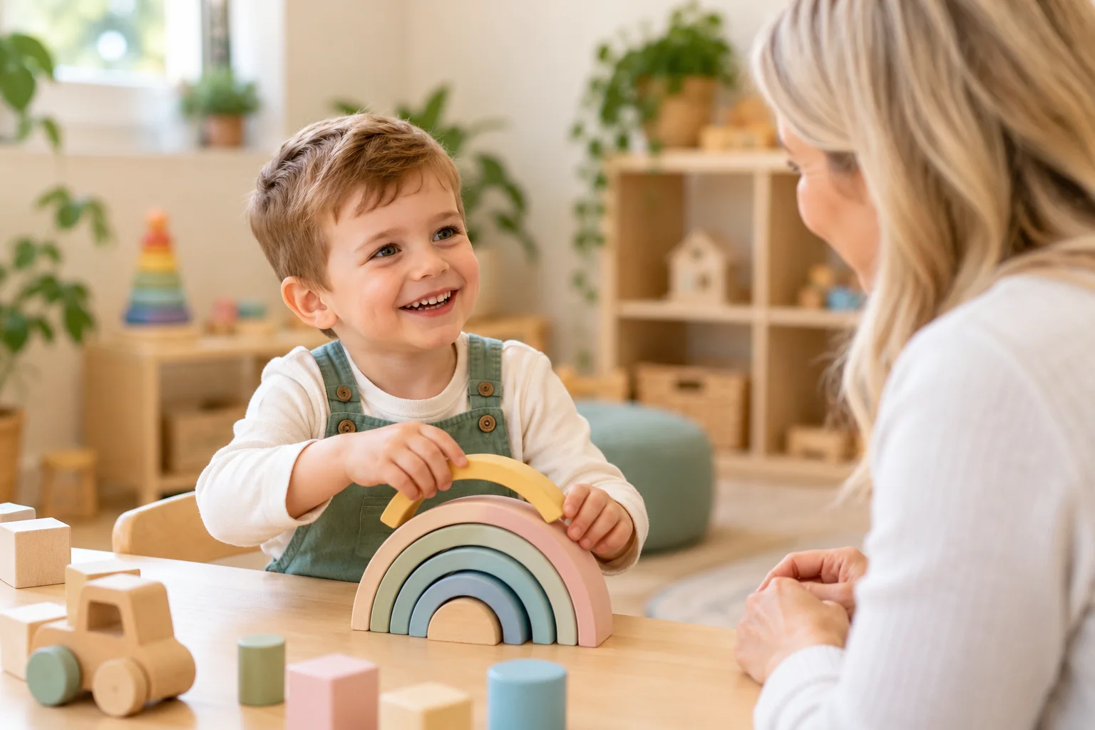 Illustrative AI-generated image of a young boy enjoying colourful wooden toys with a blonde adult